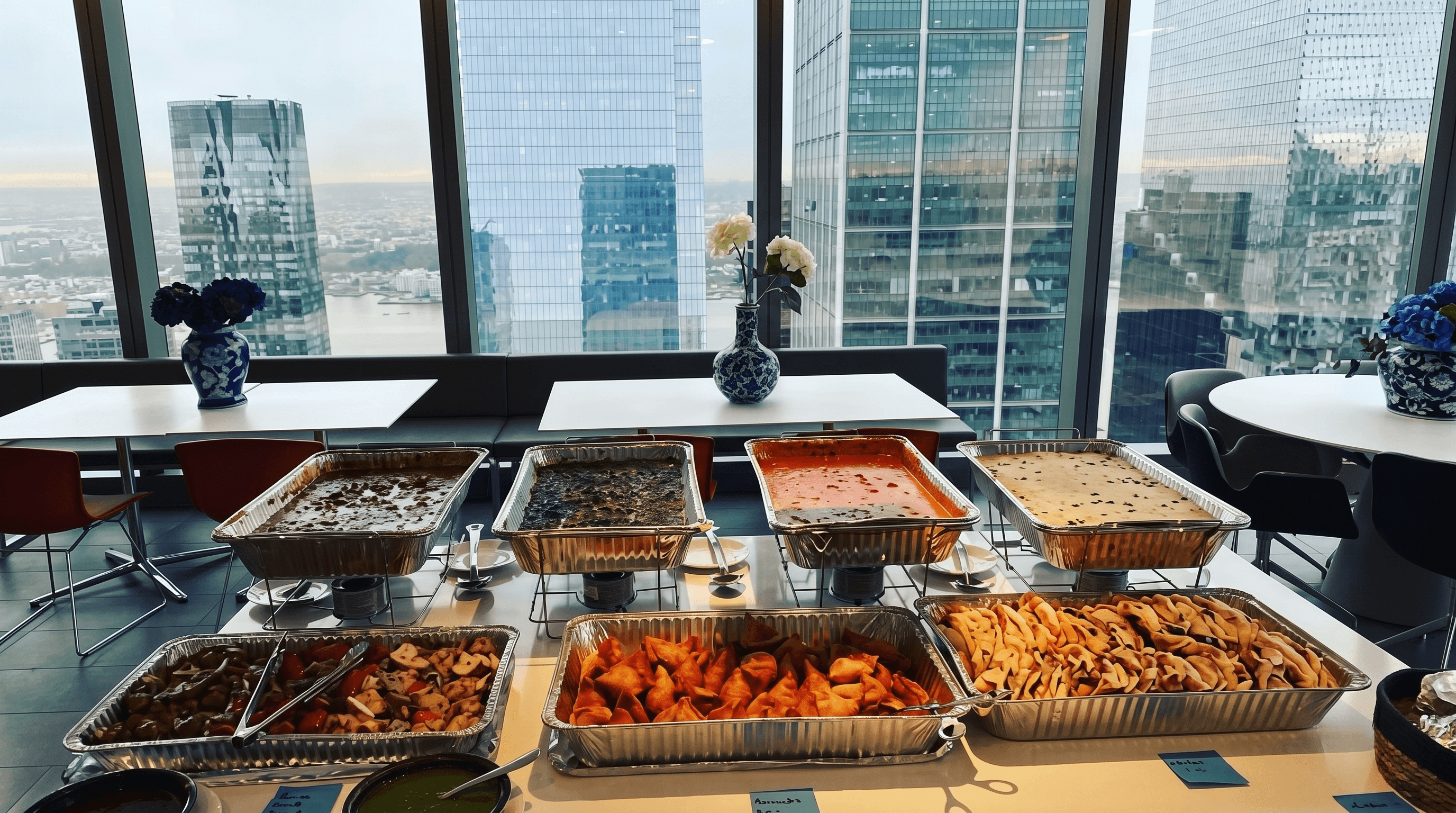 Masala King catering buffet setup with city skyline view